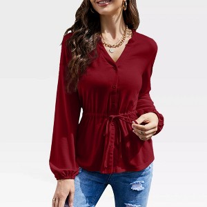 Women's Long Sleeve Shirts with Front Button Down V Neck - Casual Peplum Blouse with Waist Drawstring and Gathered Cuff Tops,Wine - 2XL - 1 of 4