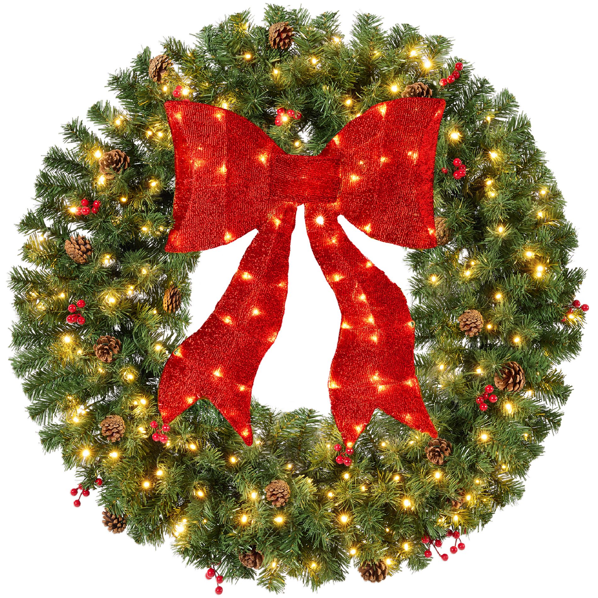 Best Choice Products Pre-Lit Artificial Christmas Wreath – Fir or Berry Pinecone Design w/ Red Bow, LED Lights, Battery or Plug-In