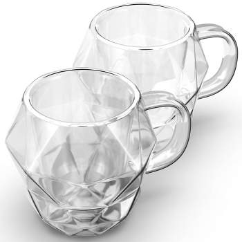 Elle Decor Insulated Coffee Mug Set of 2 Double Wall Diamond Shaped Glasses, Tea Cups, Glass Coffee Mugs, Clear