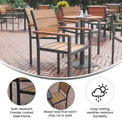 Gray Metal Patio Dining Chair with Natural Faux Teak Slats