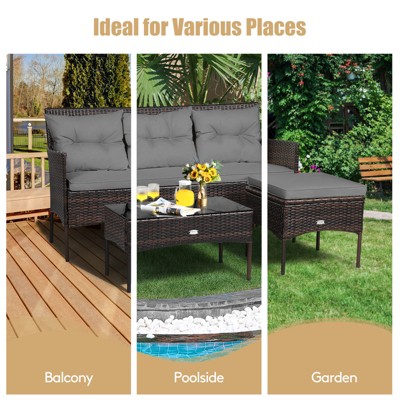 Gray 3-Piece Wicker Patio Conversation Set with Cushions and Table