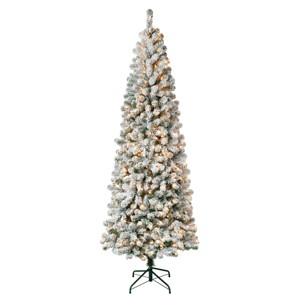 National Tree Company First Traditions 7.5' Pre-Lit Slim Medium Flocked Acacia Hinged Artificial Christmas Tree Clear Lights - 1 of 3