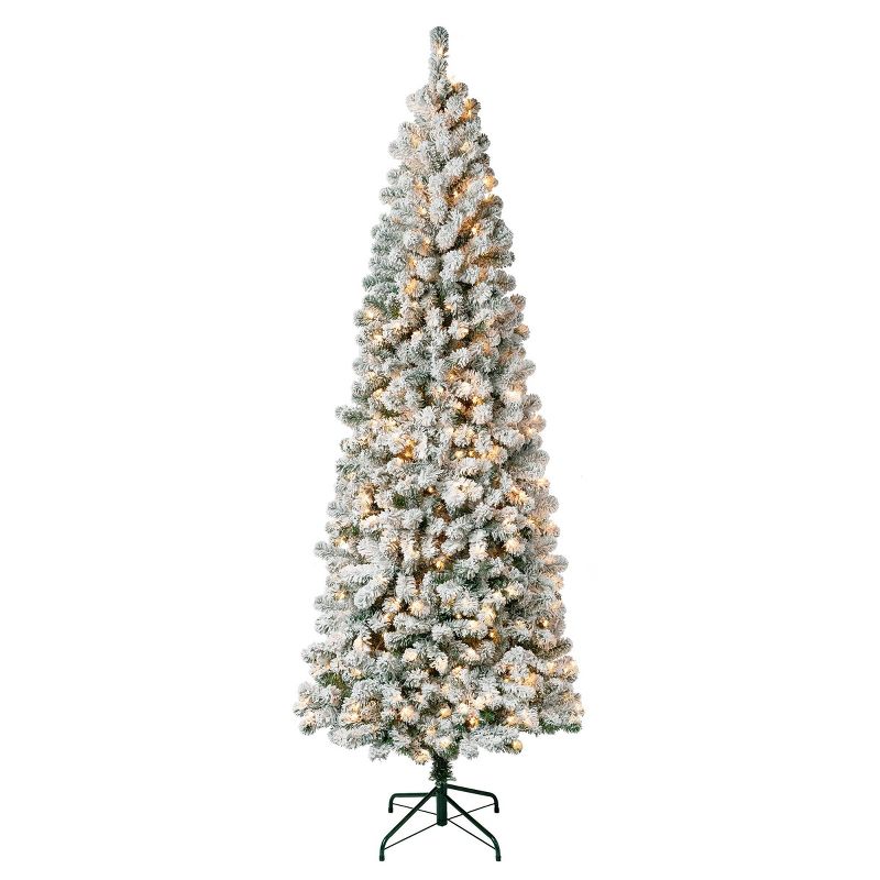 National Tree Company First Traditions 7.5&#39; Pre-Lit Slim Medium Flocked Acacia Hinged Artificial Christmas Tree Clear Lights, 1 of 5
