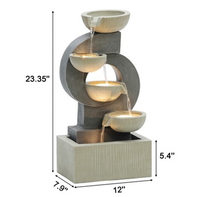 Gray and Cream Cascading Bowls Resin Outdoor Fountain with LED Lights