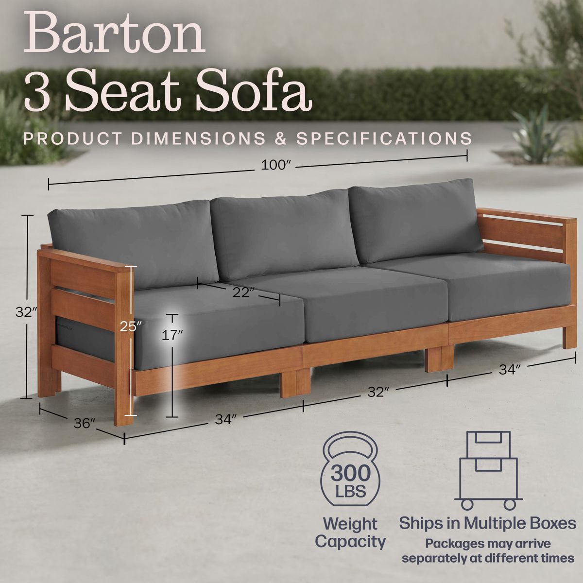 Alaterre Furniture Barton 3 Seater Outdoor Patio Sofa - Weather-Resistant Eucalyptus Wood Outdoor Couch with Thick Gray Cushions (Natural) - thumbnail 3