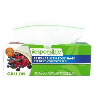 Responsible Products Resealable Gallon Size Zip Food Storage Bags Compostable - Box of 32