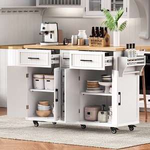 YOOCOZZ 56.5" Wood Rolling Kitchen Island with Drop Leaf, Racks, Storage Cabinets and Drawers, Charging Station - 1 of 4