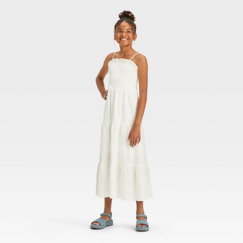 Girls' Smocked Bodice Tie Back Woven Textured Maxi Dress - Art Class™ White  M : Target