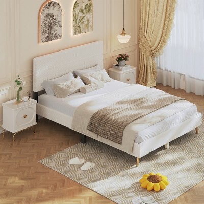 Queen Size Corduroy Upholstered Bed Frame, Platform Bed with Horizontal Stripe Headboard, 4Q-ModernLuxe