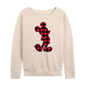 Women's - Disney - Mickey Mouse Buffalo Plaid Silhouette Lightweight French Terry Wide Neck Long Sleeve Shirt - 1 of 4
