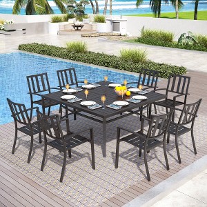 Captiva Designs 9pc Spacious Slat-top Square Metal Table with Umbrella Hole & Metal Stackable Chairs with Stripped Back - 1 of 4