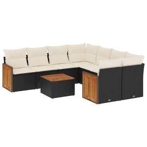 vidaXL Patio Sofa Set with Cushions Outdoor Furniture 9 Piece Poly Rattan - Black and Cream - 1 of 4