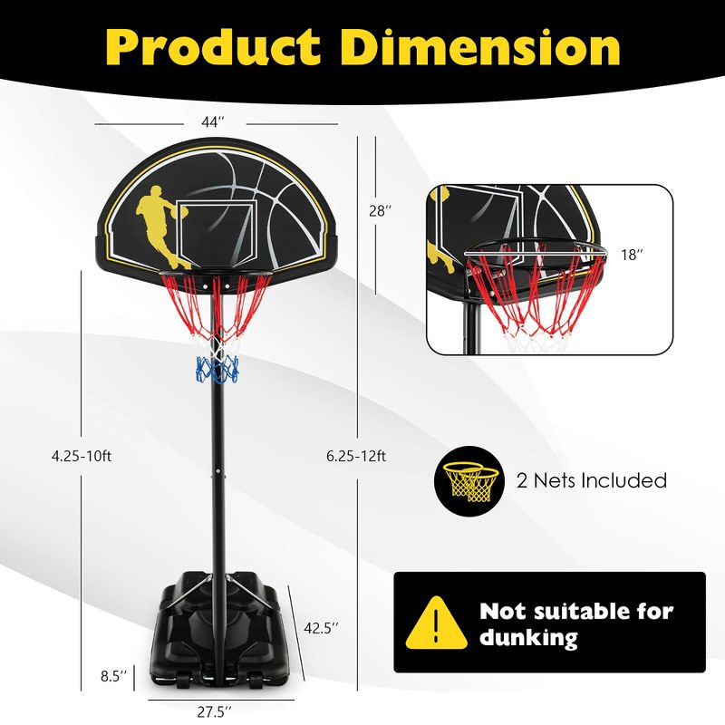 Costway 4.25-10FT Portable Adjustable Basketball Goal Hoop System with 2 Nets Fillable Base, 5 of 11