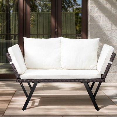 Karl Home | Convertible Outdoor Wicker Sofa With White Cushions And Pillows