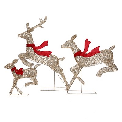 LuxenHome 3-Piece Champagne Gold PET Running Deer Family Outdoor Holiday Decoration with Lights Brown, Red