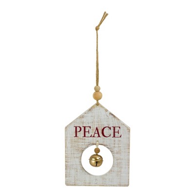 Northlight 8" White Wooden "Peace" With Gold Bell Christmas Ornament