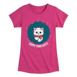 Girls' - Instant Message - Christmas Cat Happy Pawlidays Wreath Fitted Short Sleeve Graphic T-Shirt - 1 of 4