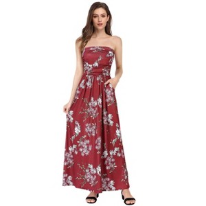 Women Strapless Maxi Boho Vintage Summer Beach Floral Print Hawaiian Party Long Dress - 1 of 4