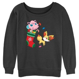 Juniors Womens Pokemon Christmas Jigglypuff and Fennekin Stocking Sweatshirt - 1 of 4