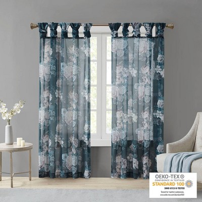 Navy Floral Twist Tab Top Sheer Polyester Curtain Panel