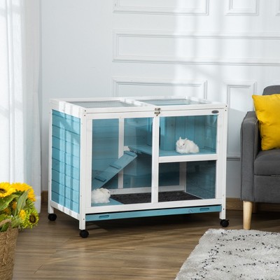 Light Blue Wooden Guinea Pig Cage with Ramp and Wheels