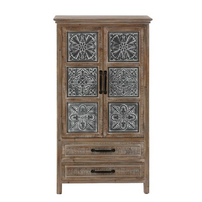 LuxenHome Farmhouse Wood and Metal 2-Drawer 2-Door Storage Cabinet Gray