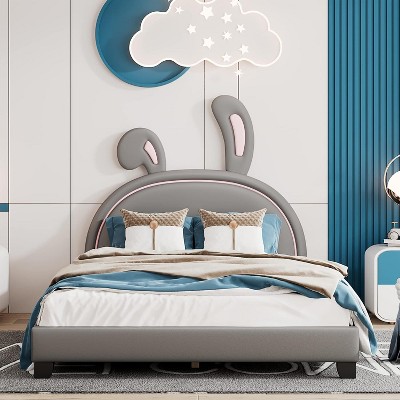 Acekool Full Size Upholstered Platform Bed with Animal Ears Headboard, Kids Rabbit Ornament, Sturdy Frame, No Box Spring Needed, Gray
