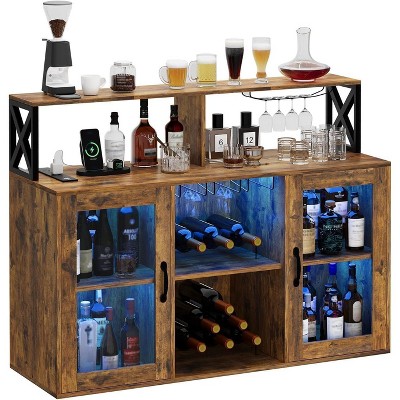 homfan Wine Bar Cabinet Freestanding Liquor Cabinet, Coffee Bar Buffet Sideboard Storage with Wine Rack Glass Holder
