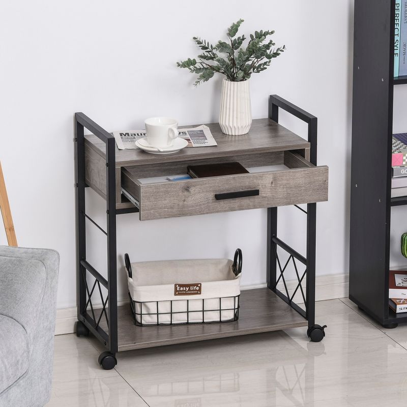 HOMCOM Industrial End Table with Drawer and Bottom Shelf, Mobile Side Table with 4 Wheels for Living Room, Bedroom, 2 of 9