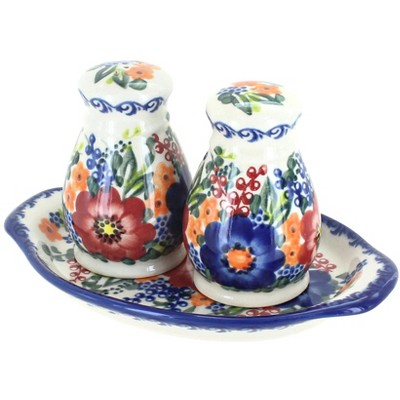 Blue Rose Polish Pottery Berry Bouquet Salt & Pepper Shakers with Tray