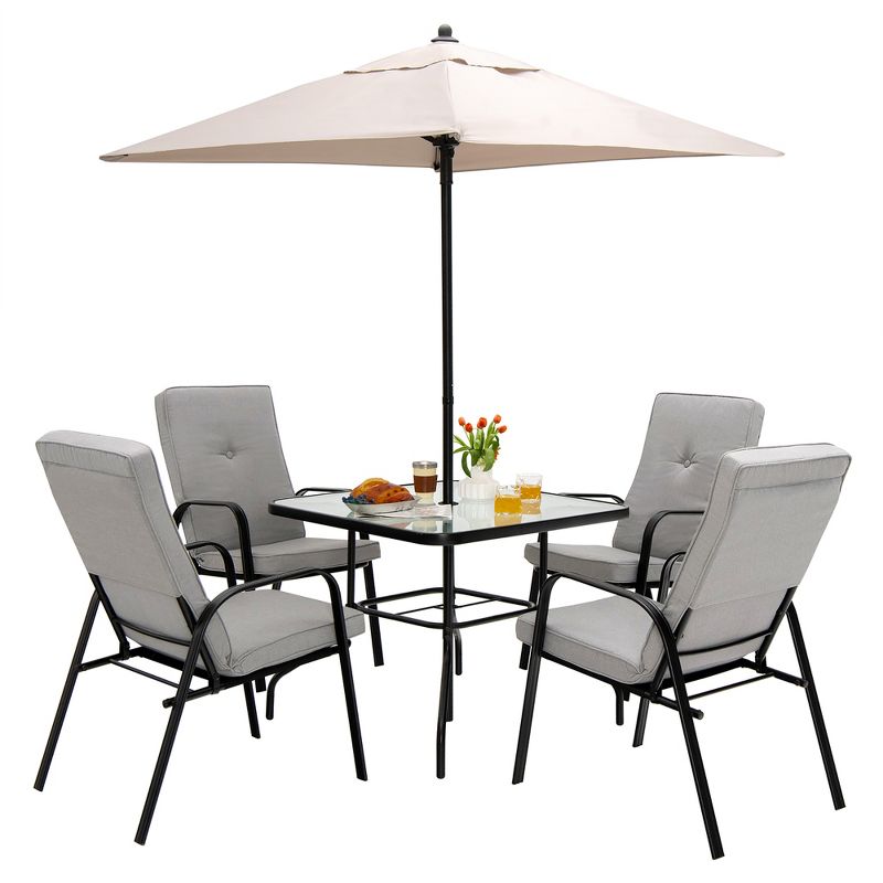 Costway 6PCS Patio Dining Set Stackable Chairs Cushioned Glass Table W/Umbrella, 3 of 11