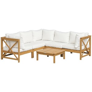 Outsunny 6 Piece Wood Patio Furniture Set, Outdoor Sectional Sofa with Cushions and Coffee Table, Acacia Wood Conversation Set Couch, Cream White - 1 of 4