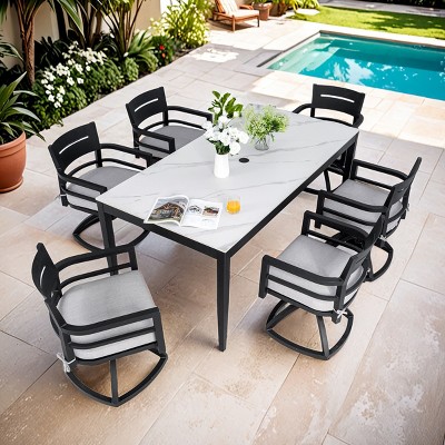7-Piece Outdoor Dining Set,Swivel Rockers and Marble-Inspired Sintered Stone Top Dining Table, Aluminum Chairs with Foam Cushions-Coolbibila