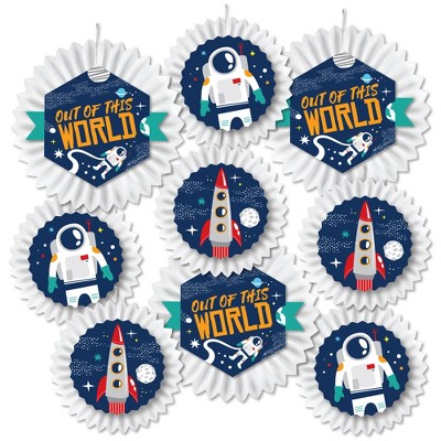 Big Dot of Happiness Blast Off to Outer Space - Hanging Rocket Ship Baby Shower or Birthday Party Tissue Decoration Kit - Paper Fans - Set of 9