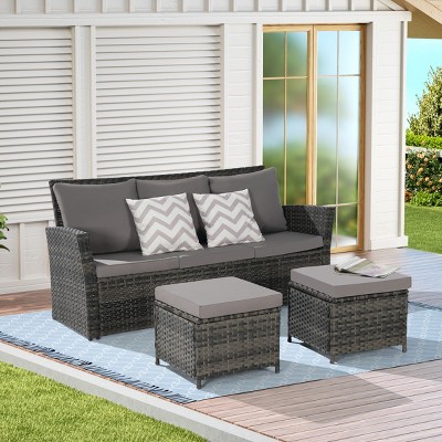 3-Piece PE Rattan Patio Seating Set,Outdoor Patio Set With Thick Cushions,Patio Small Space Chat Set,Sofa And Ottoman -Maison Boucle