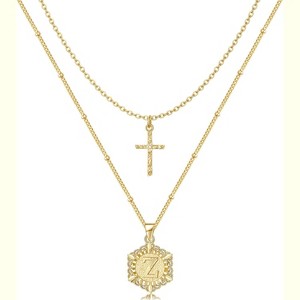 14K Gold Plated Initial Cross Necklace - A-Z Letter Layering Pendant for Women - 1 of 4