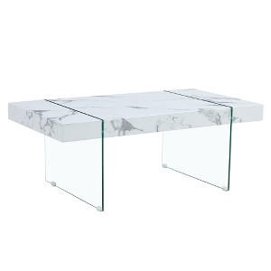 FURNIinspire Coffee Tables White Marble Patterned MDF Coffee Table with Transparent Tempered Glass Legs for Living Room, White, 43.3"*23.6"*16.5" - 1 of 4