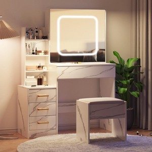 Vanity Desk with Sliding Mirror and Lights, Makeup Vanity Set with 4 Drawers, Stool, Power Outlet, Open Shelves, 3 Color Adjustable Lighting Modes - 1 of 4