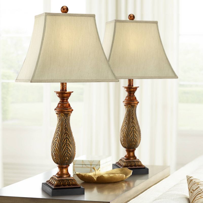 Regency Hill Traditional Table Lamps 29" Tall Set of 2 Two Tone Gold Leaf Linen Rectangular Bell Shade for Living Room Family Bedroom, 2 of 8