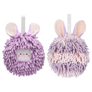REGALWOVEN Rabbit Shape Quick Drying Soft Absorbent Decorative Chenille Fuzzy Ball Hand Towels with Hanging Loops 7" x 7" 2 Pcs - 1 of 4