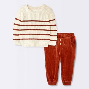 Baby Boys' 2pc Christmas Holiday Striped Sweater and Knit Corduroy Pants Set - Cloud Island™ Cream - 1 of 4