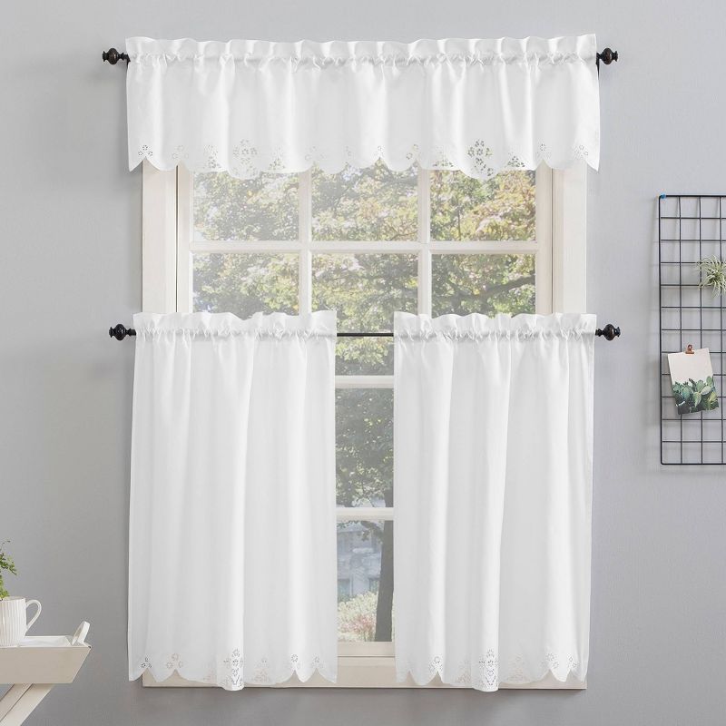 Mariela Floral Trim Semi-Sheer Rod Pocket Kitchen Window Valance and Tiers Set White - No. 918, 2 of 8