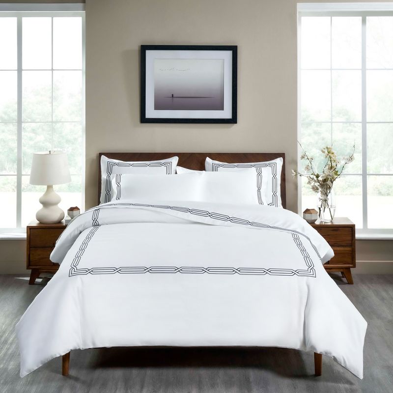 Luxury 1200 Thread Count Cotton Geometric Scroll Embroidered 3 Piece Duvet Cover Set by Blue Nile Mills, 2 of 6