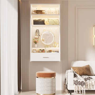 Aheaplus Wall-Mounted Closet Organizer with Magnetic Pegboard, Closet System with Drawer and Vanity Storage shelves