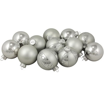 Northlight 12ct Matte and Shiny Silver Glass Ball Christmas Ornaments 2.5" (65mm)