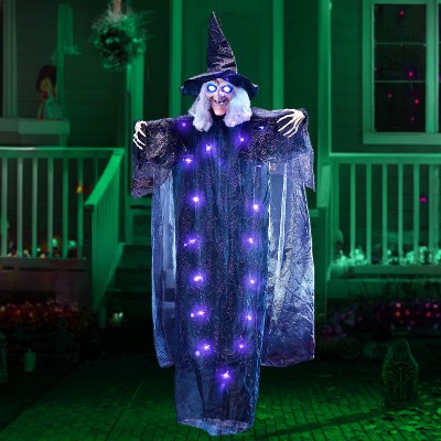 Joyfy 72” Halloween Decoration Hanging Animated Talking Witch, Light Up Ghost with Purple Eyes,Party Supplies For Haunted Front Porch Garden Yard Lawn