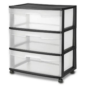3 Drawer Wide Plastic Storage Cart with Clear Pull Out Drawers - 1 of 4