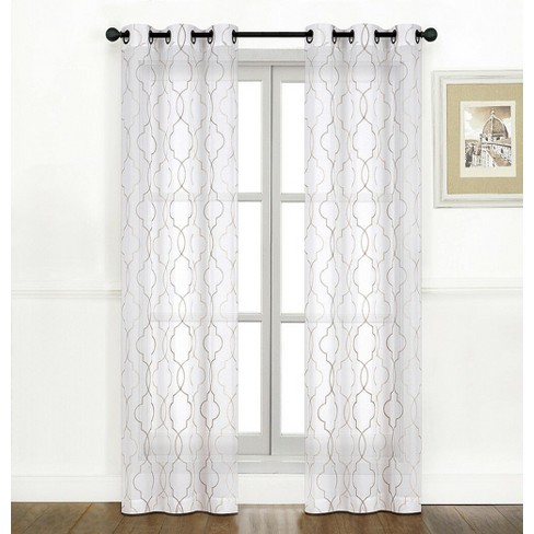 at Home 2-Pack White & Linen Metallic Embroidered Geo Grommet Curtain Panels, 84