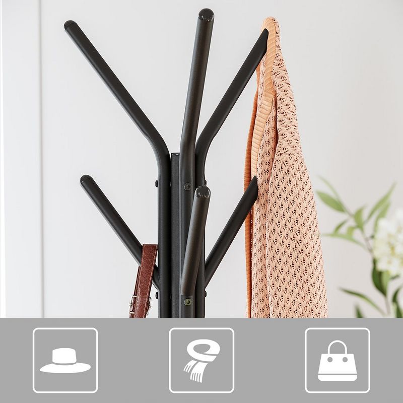 VASAGLE Coat Rack Freestanding Stand Hall Tree with 2 Shelves Brown and Black, 4 of 8