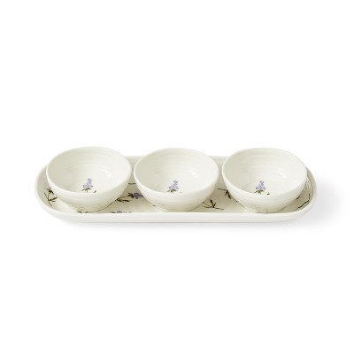 American Atelier 3 Stoneware Snack Bowls with Bamboo Serving Tray | 4-Piece  Snack Serving Set | Small Serving Bowl for Candy, Nuts, Salsa, and